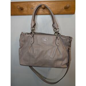 Coach Leather Satchel Taupe Greige Crossbody Bag Silver Hardware Zip Top Pockets
